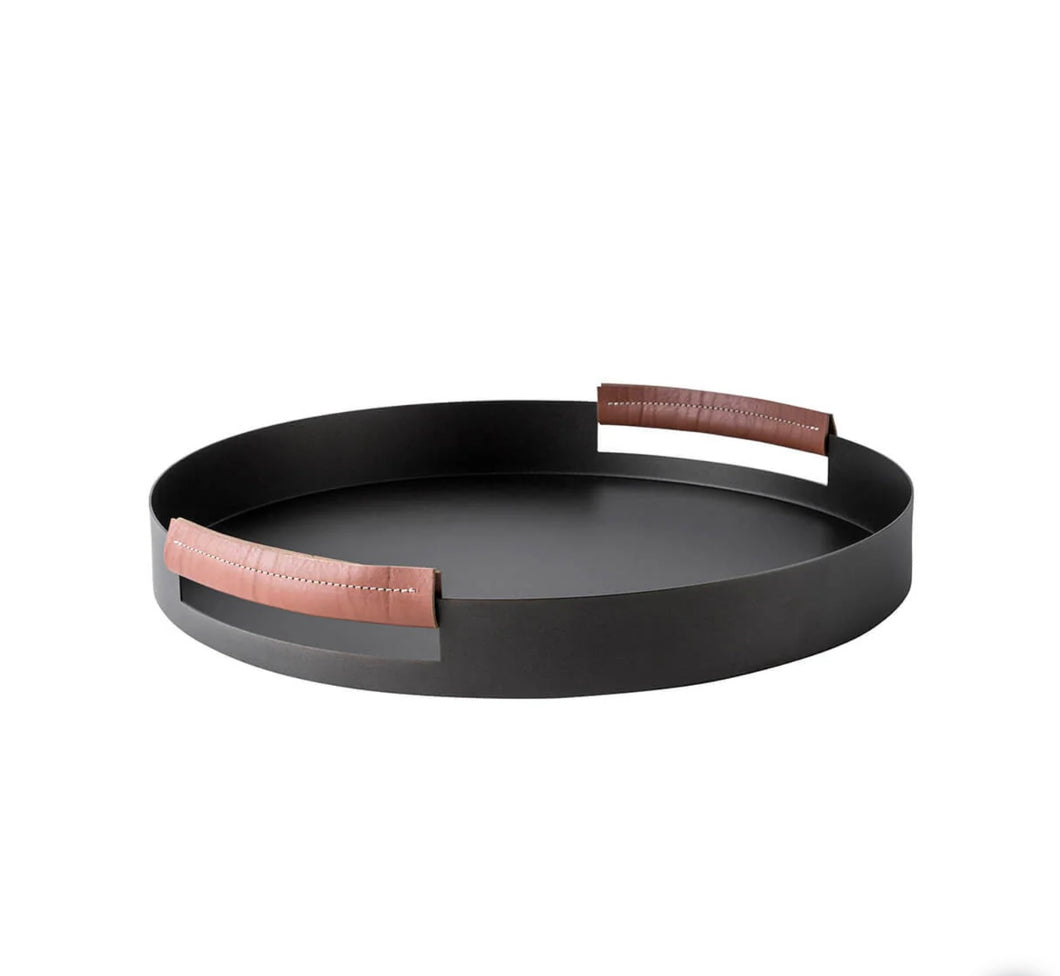 Vassoio in alluminio colore moro con manici in cuoio Knindustrie