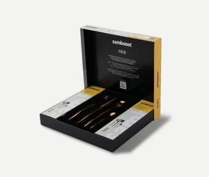 Sambonet Posate 100 in acciaio Pvd gold.
Le posate della collezione 100 rendono omaggio al designer Roberto Sambonet per celebrare i 100 anni dalla sua nascita.